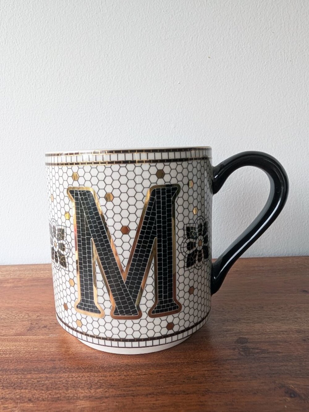 Anthropologie Gold Mosaic Monogram M Mug Black White Initial Coffee Cup